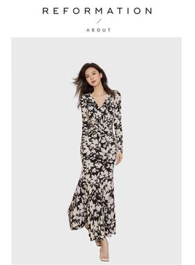【现货】About Reformation法式黑白花长袖鱼尾裙修身v领连衣裙