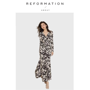 现货 鱼尾裙修身 About 黑白花长袖 v领连衣裙 Reformation法式