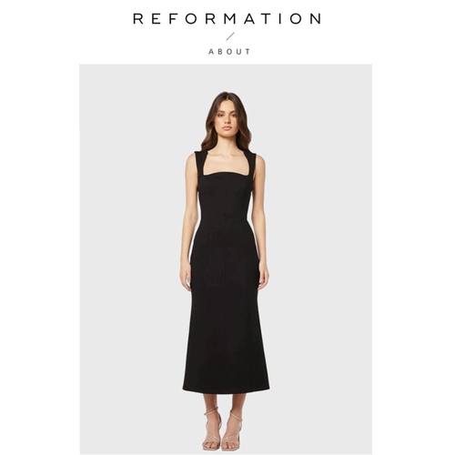 【现货】About Reformation黑色方领A字中长款修身礼服连衣裙女夏