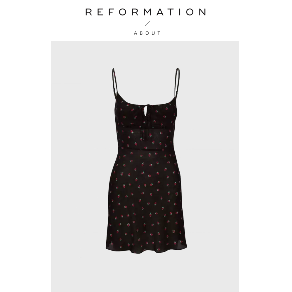 【现货】About Reformation连衣裙法式黑色小草莓印花抽绳短吊带