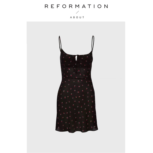 【现货】About Reformation连衣裙法式黑色小草莓印花抽绳短吊带