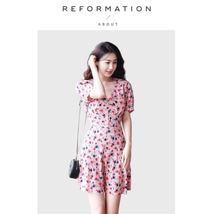 【现货】About Reformation李菲儿同款连衣裙V领碎花复古A字短裙