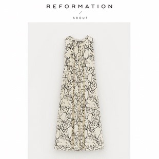 【现货】About Reformation天丝亚麻水墨印花圆领度假无袖连衣裙