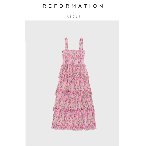 【现货】About Reformation粉色碎花花卉吊带裙连衣裙蛋糕裙长裙