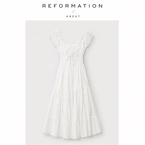 【现货】About Reformation纯色抽绳绑带低胸方领泡泡袖长裙法式