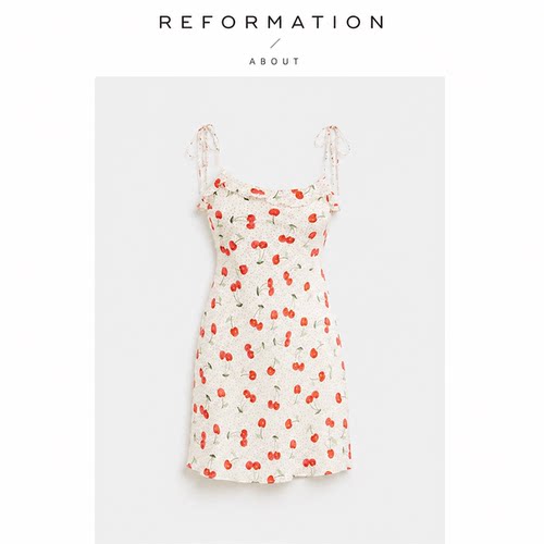 【现货】About Reformation夏方领真丝吊带短裙复古气质风连衣裙