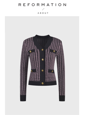 【现货】About Reformation法式V领宽松显瘦复古格纹针织开衫上衣