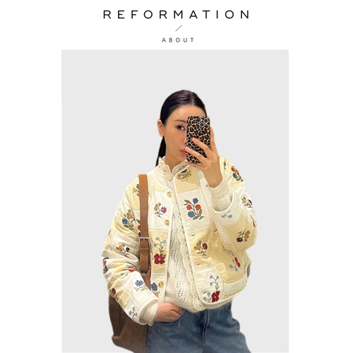【现货】About Reformation联名款小棉服春花卉刺绣拼接复古外套