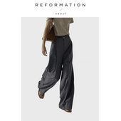 现货 About Reformation灰色西装 裤 女高腰阔腿拖地直筒长裤