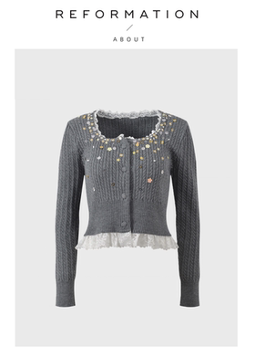【现货】About Reformation假两件蕾丝拼接亮片钉珠针织开衫上衣