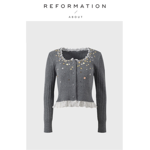 Reformation假两件蕾丝拼接亮片钉珠针织开衫 About 上衣 现货
