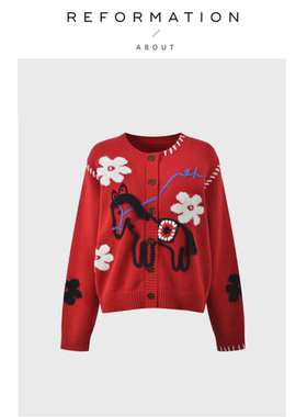 【现货】About Reformation马年限定新年红小马刺绣圆领针织开衫