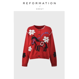 Reformation马年限定新年红小马刺绣圆领针织开衫 About 现货