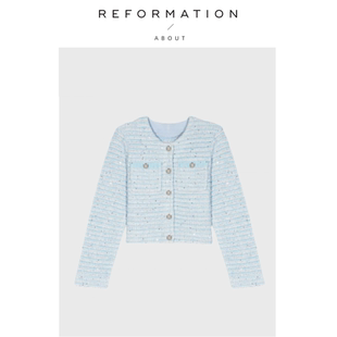 奶油蓝开衫 Reformation法式 About 暗闪亮片条纹针织开衫 现货