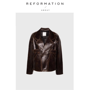 Reformation时髦廓形 About 皮革夹克机车风油蜡皮外套 现货