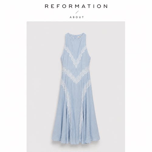 【现货】About Reformation法式小众蓝色蕾丝条纹长款背心连衣裙