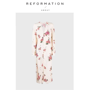 【现货】About Reformation钟楚曦同款法式碎花连衣裙长袖v领收腰