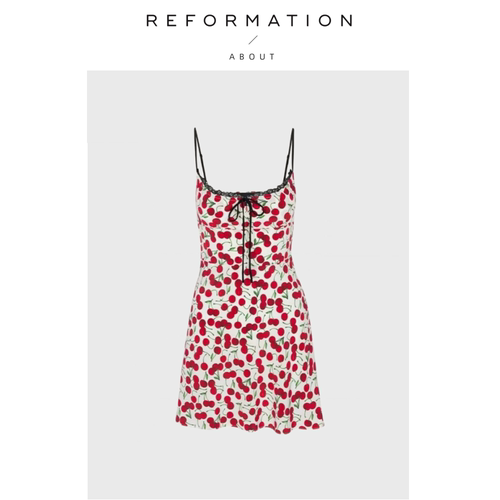 【现货】About Reformation复古浪漫樱桃真丝印花系带吊带连衣裙