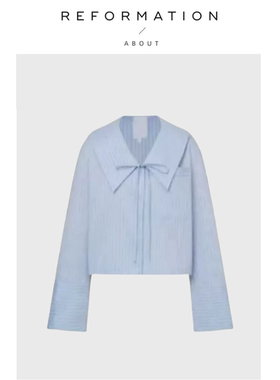 【现货】About Reformation同款甜美衬衫春季蓝色条纹娃娃领衬衣