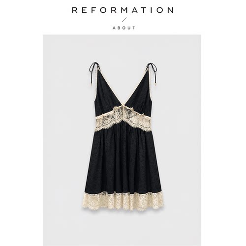 【现货】About Reformation纽约缎面背心裙春季蕾丝拼接v领连衣裙