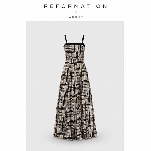 【现货】About Reformation黑色缎面拼水墨天丝吊带裙裤连衣裙女