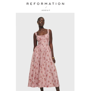 【现货】About Reformation亚麻粉色方领中长款连衣裙法式复古女