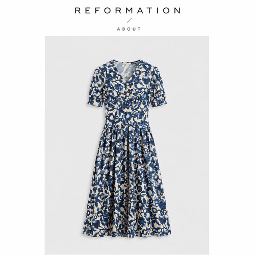 【现货】About Reformation府绸棉印花V领短袖系带围裹收腰连衣裙