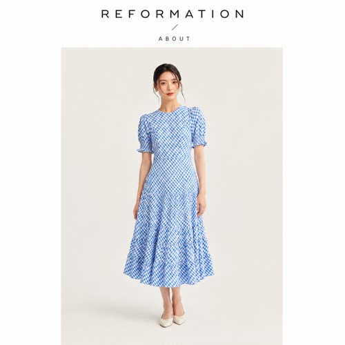 【现货】About Reformation蓝白格子气质收腰连衣裙女设计感长裙
