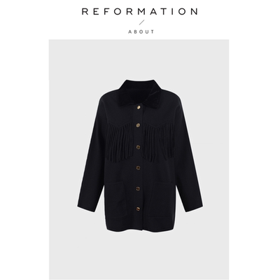 【现货】About Reformation翻领流苏口袋针织开衫女法式气质外套
