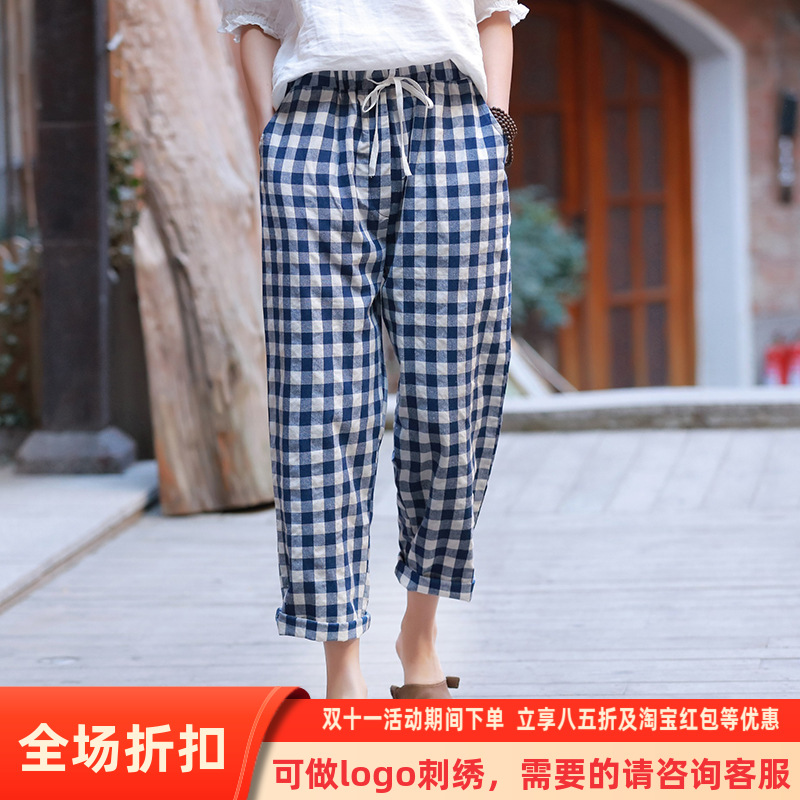 新款棉麻文艺系绳休闲裤松紧腰系带格子裤男裤子九分裤女夏季薄款