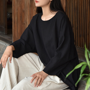 己荷复古文艺棉麻纯色上衣女宽松慵懒风七分袖 薄款 T恤春夏款 女装