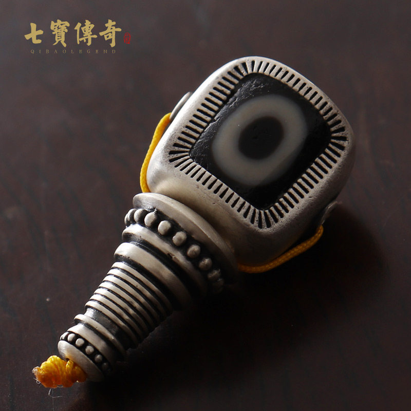 藏传925银镶嵌天珠佛头 文玩海螺三通 藏式手串配饰