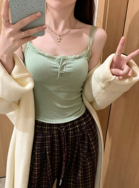 纯欲风蕾丝吊带白色带胸垫背心女外穿美背修身内搭打底女上衣
