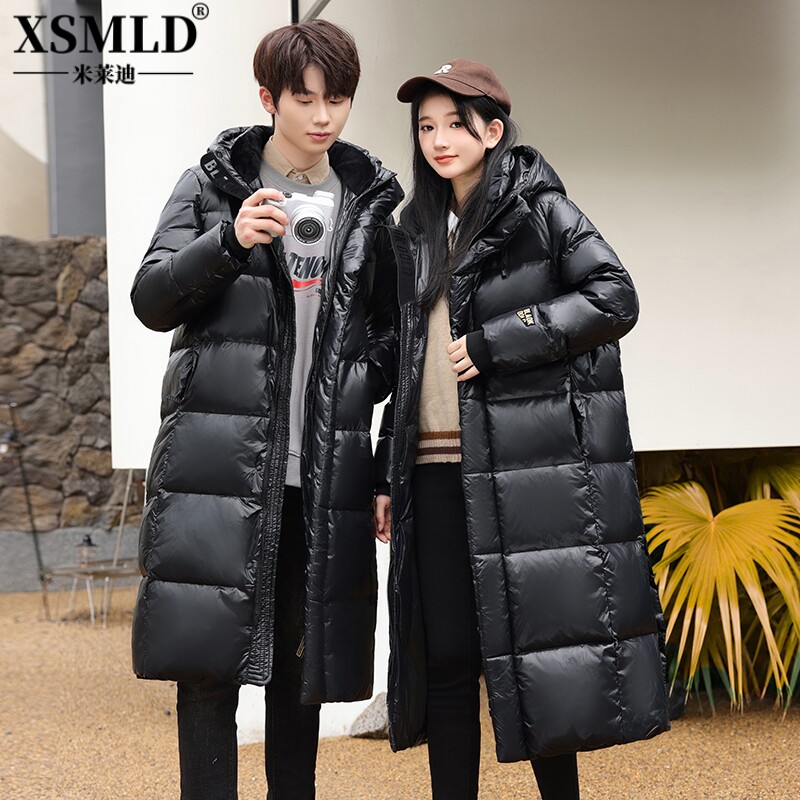 冬季男士羽绒服黑金中长款过膝亮面加厚免洗潮牌情侣白鸭绒女外套