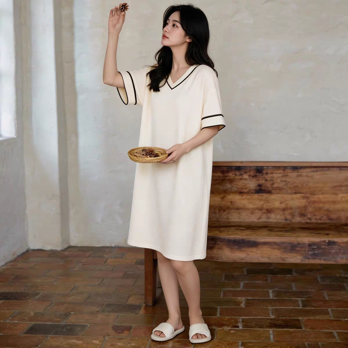 黛梦思睡裙女夏季薄款纯棉短袖家居服宽松大码可外穿甜美风睡衣女