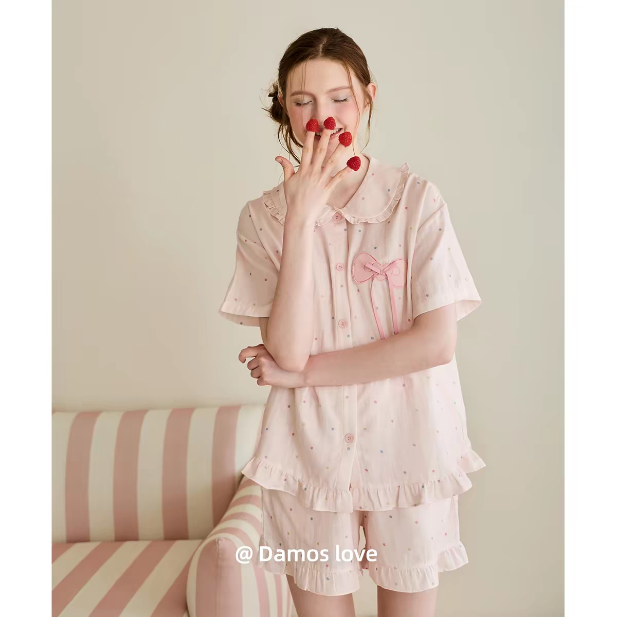 黛梦思粉色睡衣女夏季纯棉娃娃领蝴蝶结家居服宽松可外穿短袖套装