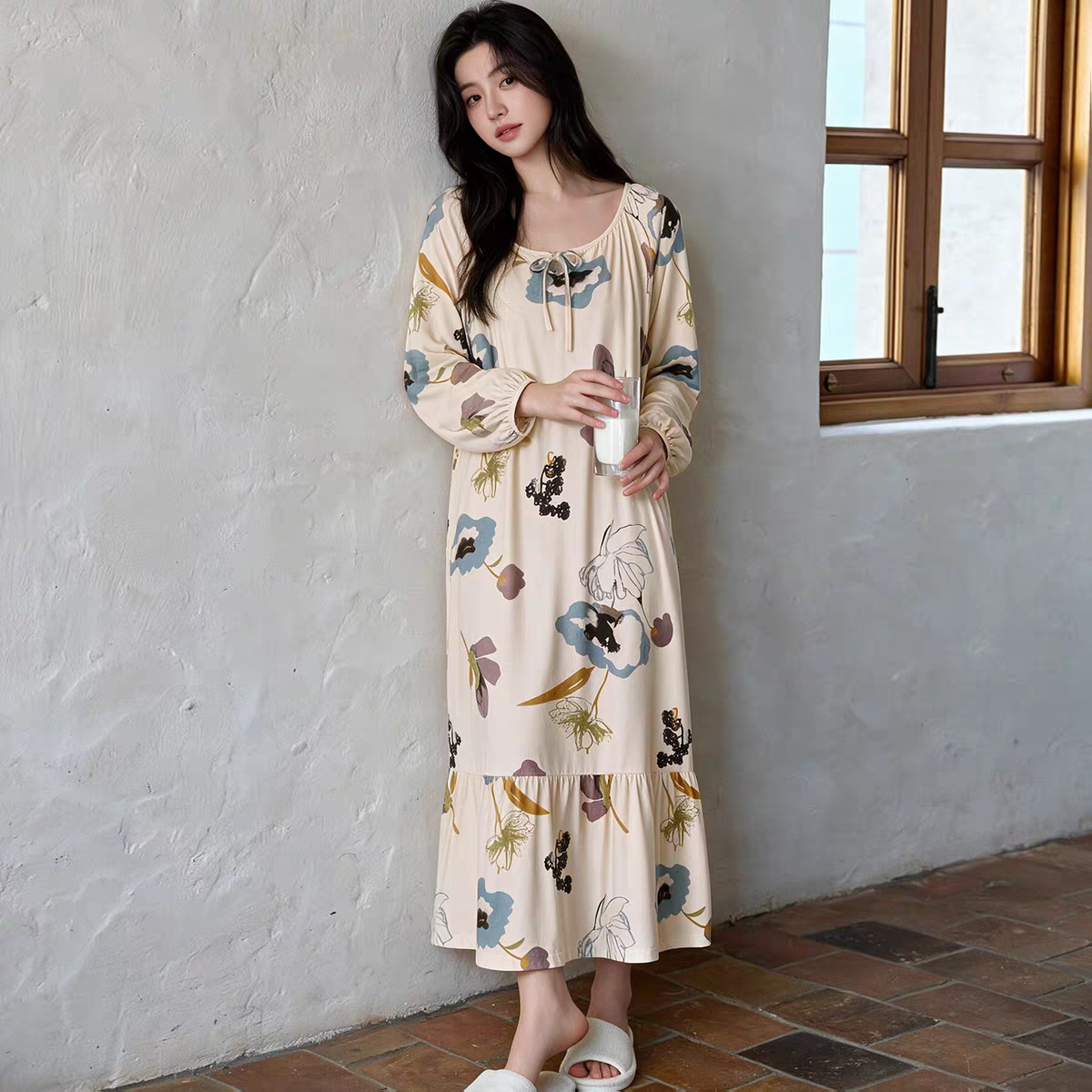 黛梦思2026秋季新品睡裙女春秋款纯棉长袖家居服甜美可外穿睡衣女