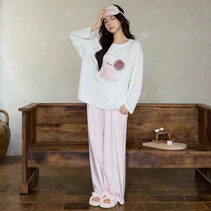 黛梦思甜美风睡衣女款秋春纯棉长袖家居服秋季可外穿宽松大码套装