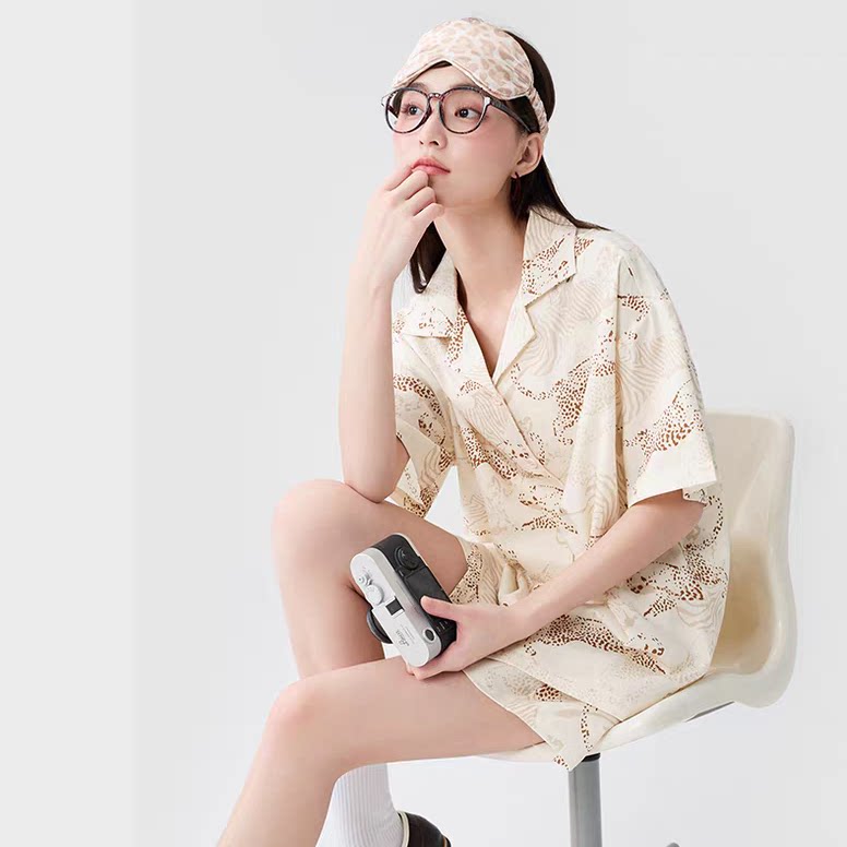 黛梦思7A抗菌莱赛尔睡衣女夏季薄款翻领短袖短裤可外穿家居服套装