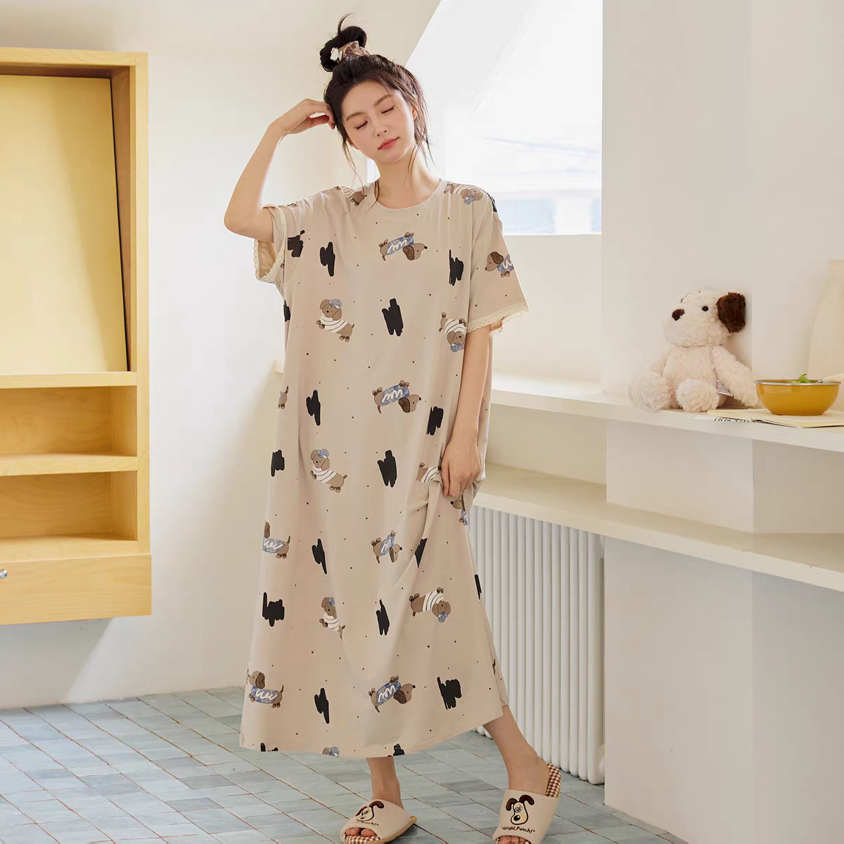 黛梦思卡其色睡裙女夏季纯棉圆领短袖少女风家居服可外穿长款睡衣