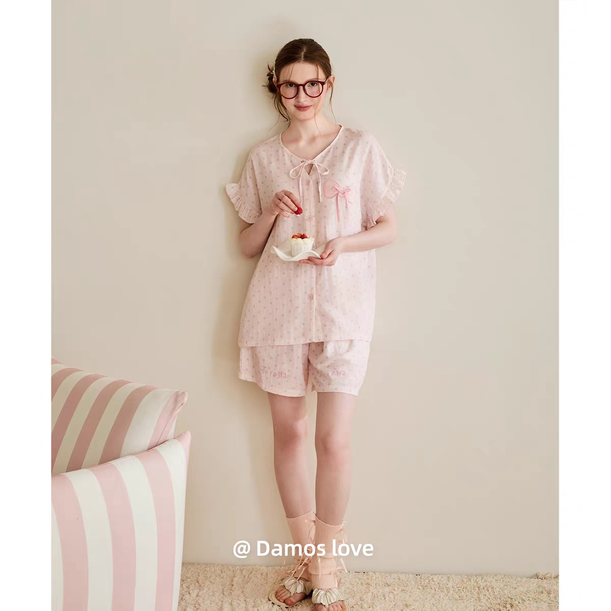 黛梦思粉色少女风睡衣女夏季纯棉蝴蝶结短袖短裤家居服可外穿套装