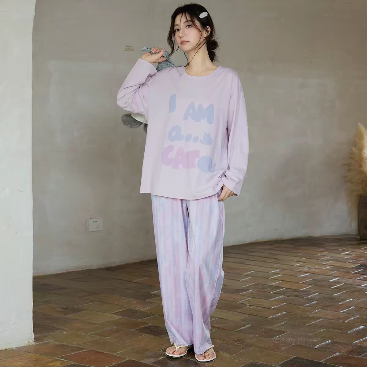 黛梦思新款甜美睡衣女秋春纯棉长袖长裤家居服宽松大码可外穿套装