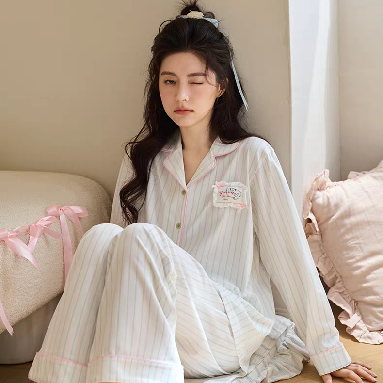 黛梦思2026年新款甜美睡衣女春秋季纯棉长袖家居服可外穿条纹套装