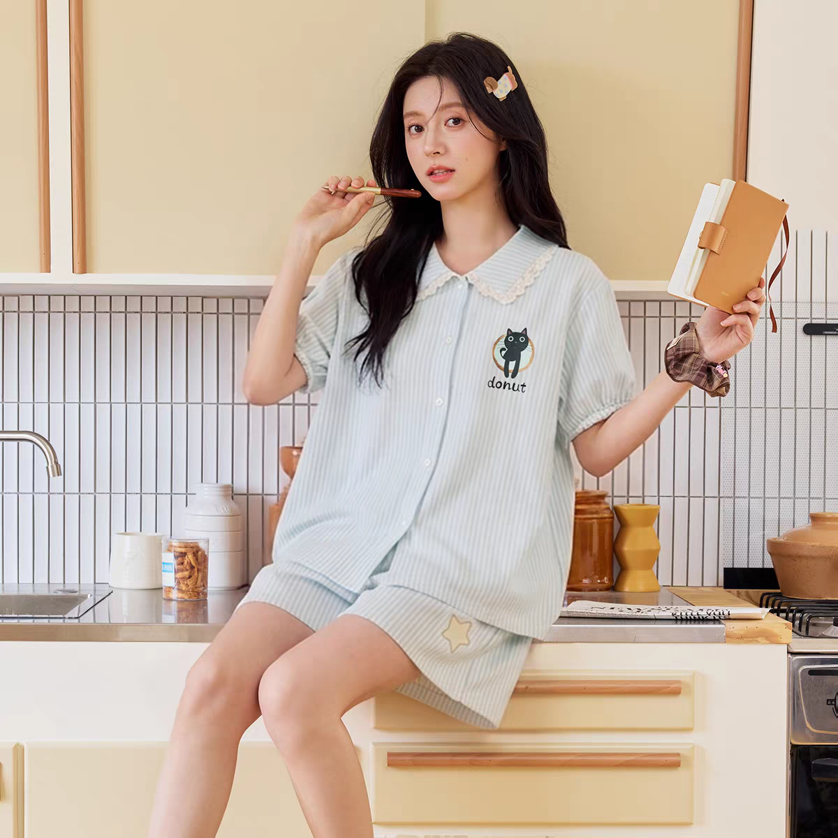 黛梦思睡衣女夏季纯棉短袖条纹娃娃领少女风家居服大码可外穿套装