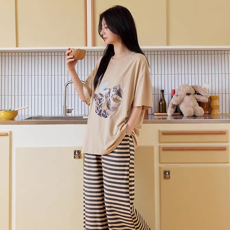 黛梦思睡衣女夏季薄款纯棉短袖条纹阔腿长裤家居服宽松可外穿套装