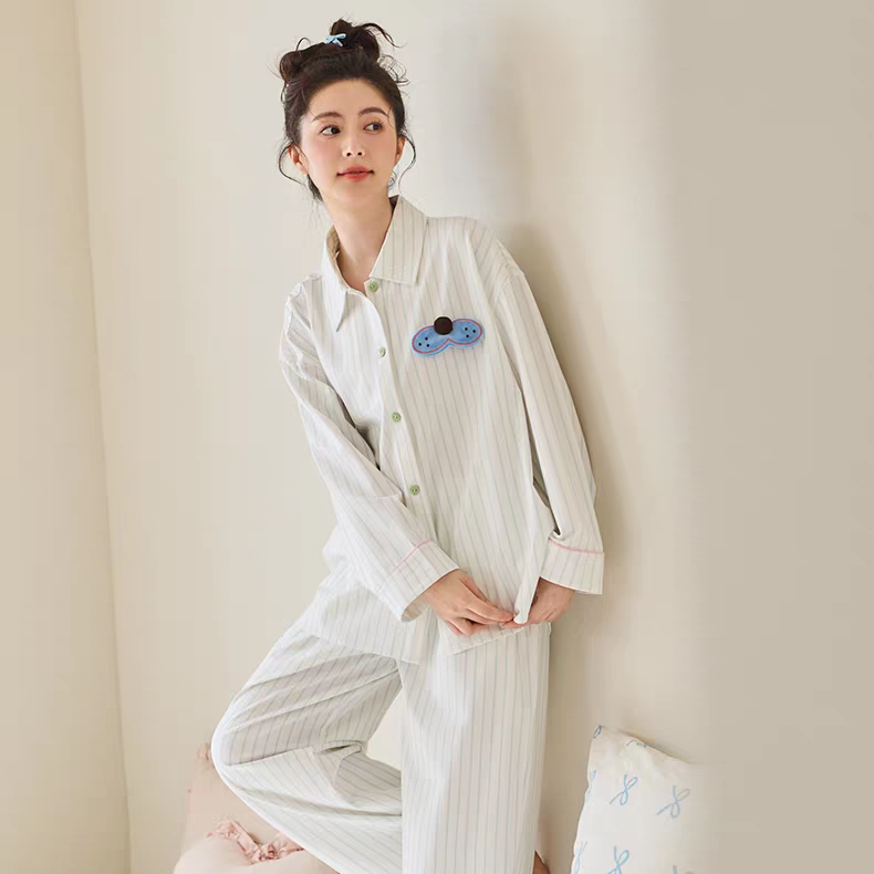 黛梦思新款睡衣女春秋纯棉长袖可外穿家居服甜美清新简约条纹套装