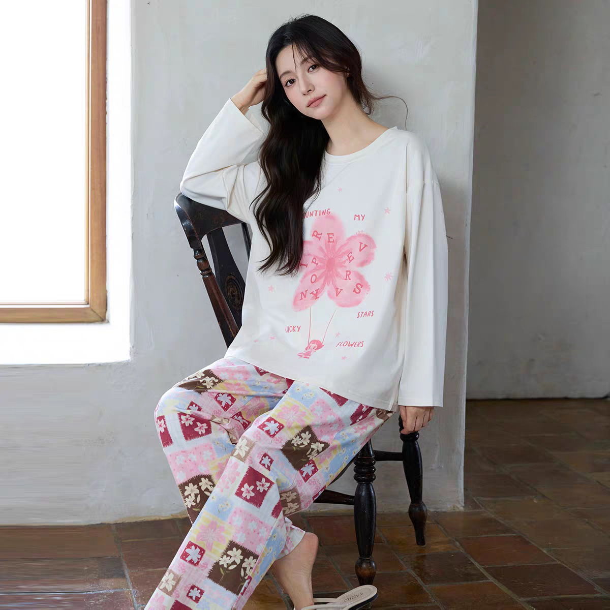 黛梦思新款甜美睡衣女秋春纯棉长袖家居服宽松大码秋季可外穿套装
