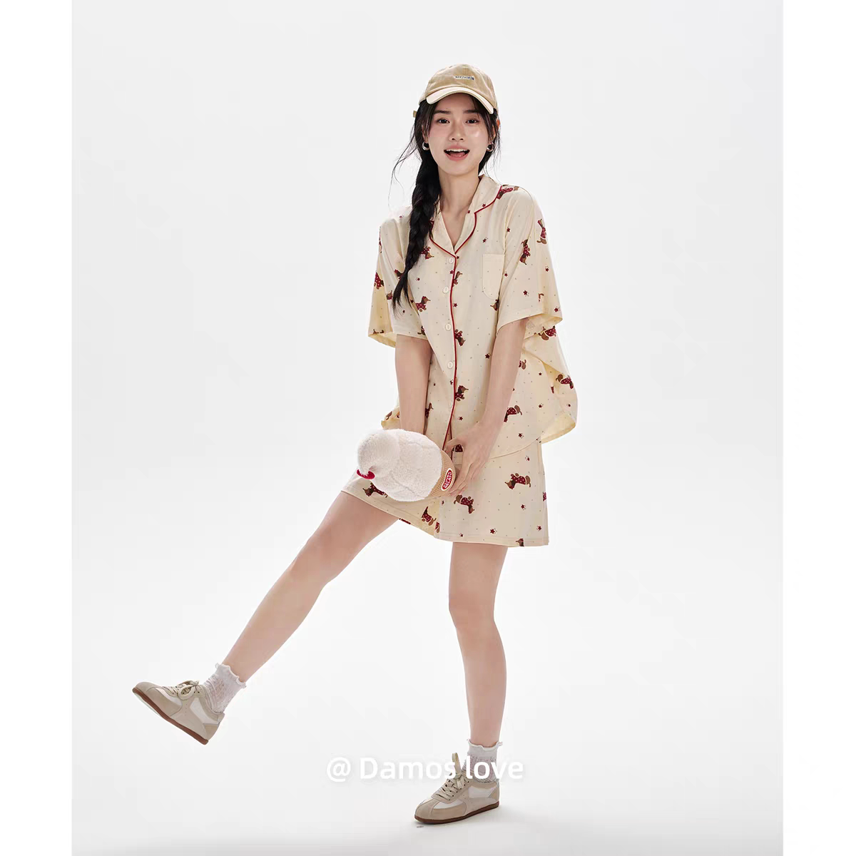 黛梦思软萌奶白睡衣女夏季纯棉短袖可爱家居服可外穿大码宽松套装