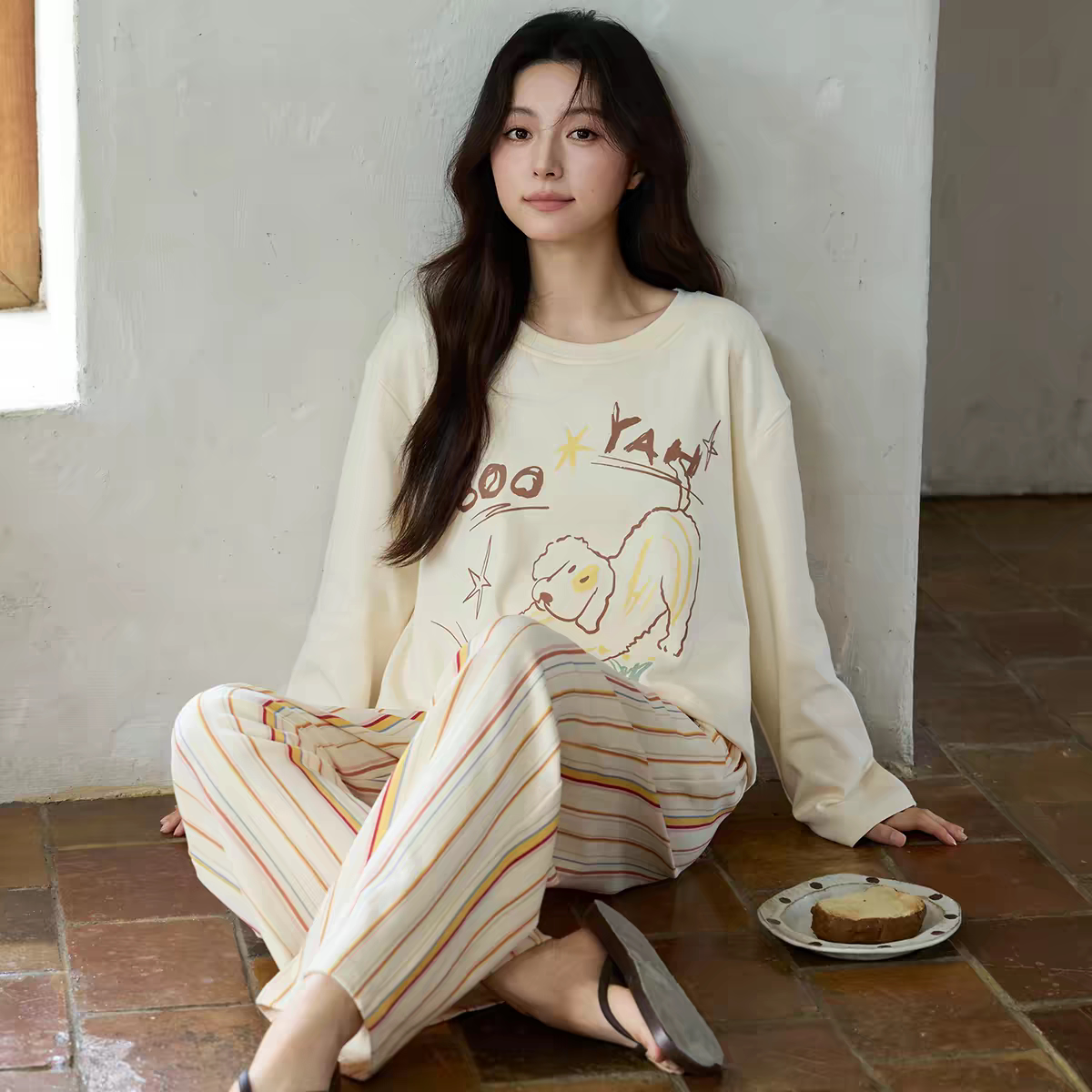 黛梦思甜美带胸垫睡衣女秋春纯棉长袖家居服秋季新款宽松大码套装