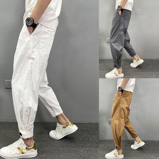 男白色破洞宽松九分哈伦裤 百搭休闲裤 秋季 韩版 男 新款 松紧腰老爹裤